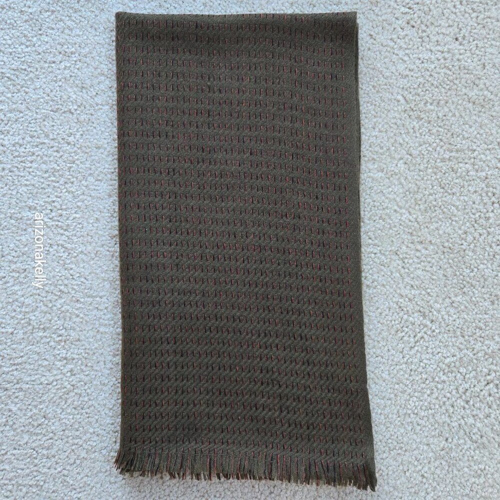 NWOT Cashmere Woven Scarf Olive Green With Black + Orange Weave Detail - Picture 12 of 16